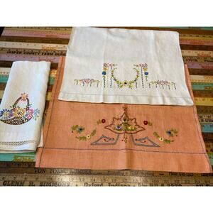 VINTAGE Hand Embroidered Tea Guest Towels Dresser Scarfs LINEN Floral Lot of 3